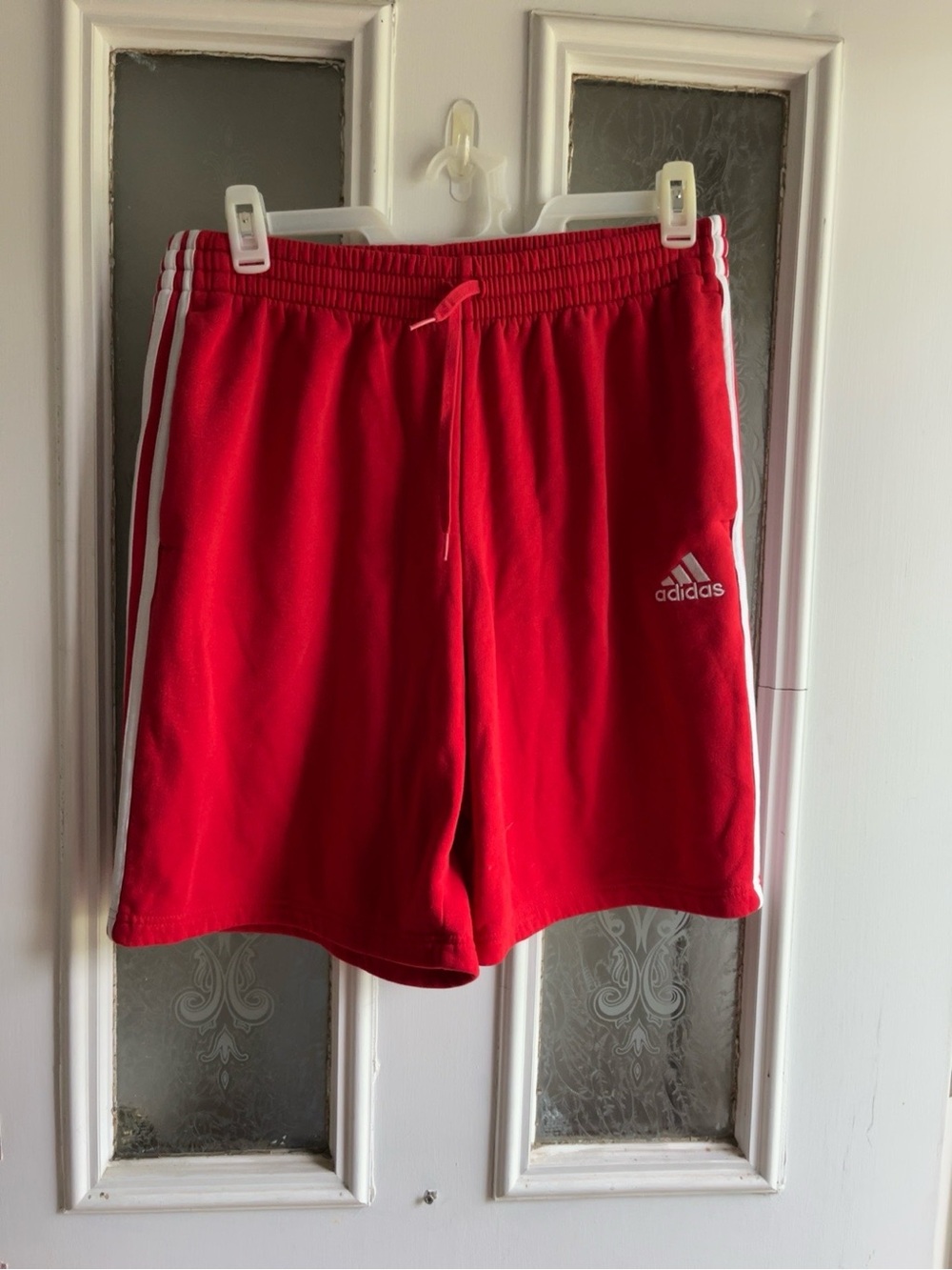 Adidas Men’s Red Athletic Shorts with White Stripes size XL